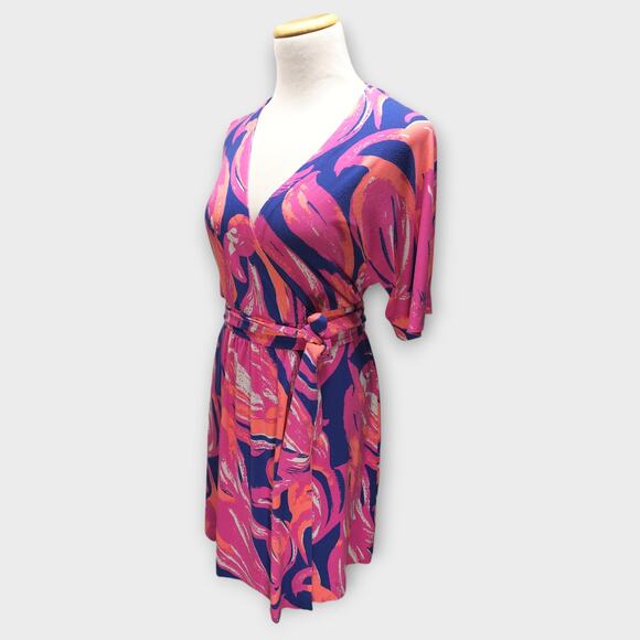 Womens Lilly Pulitzer Blue/Orange/Pink Short Sleeve Wrap Dress Size XS - Picture 3 of 7
